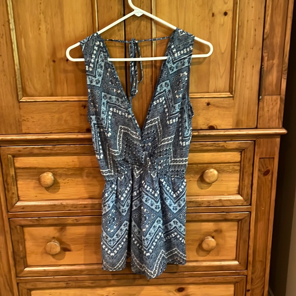 Blue & White Patterned Wrap Top Sleeveless Romper - image 1